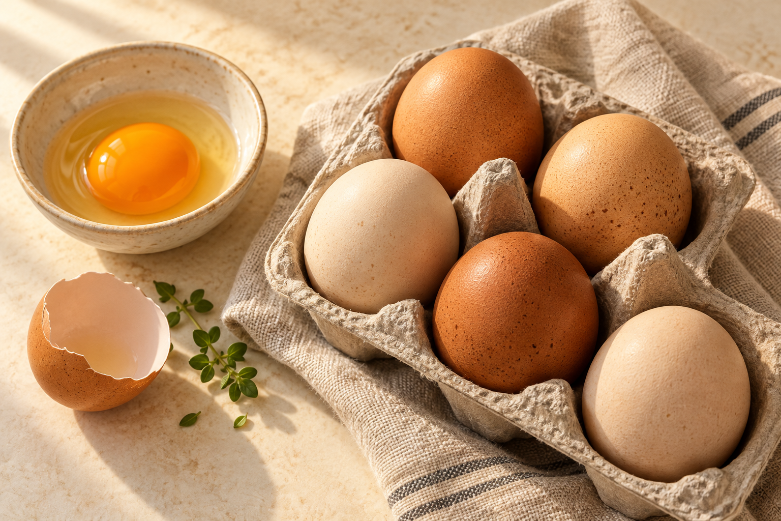 Brown and white eggs in a paper carton with a golden yolk in a ceramic bowl
